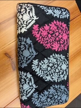 Vera Bradley Black Wallet with Pink and Light Blue Damask Print
